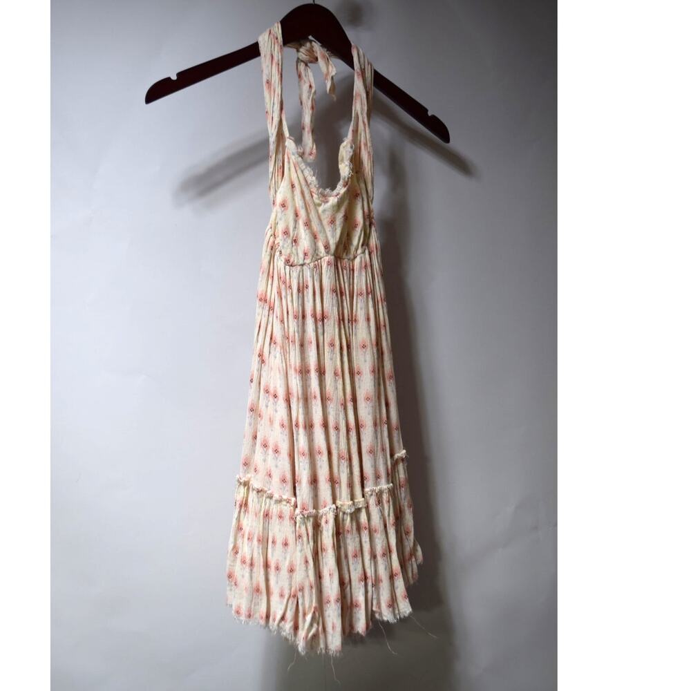 Free People Dress Womens XS Cream Floral Halter Boho Distressed Tiered Mini